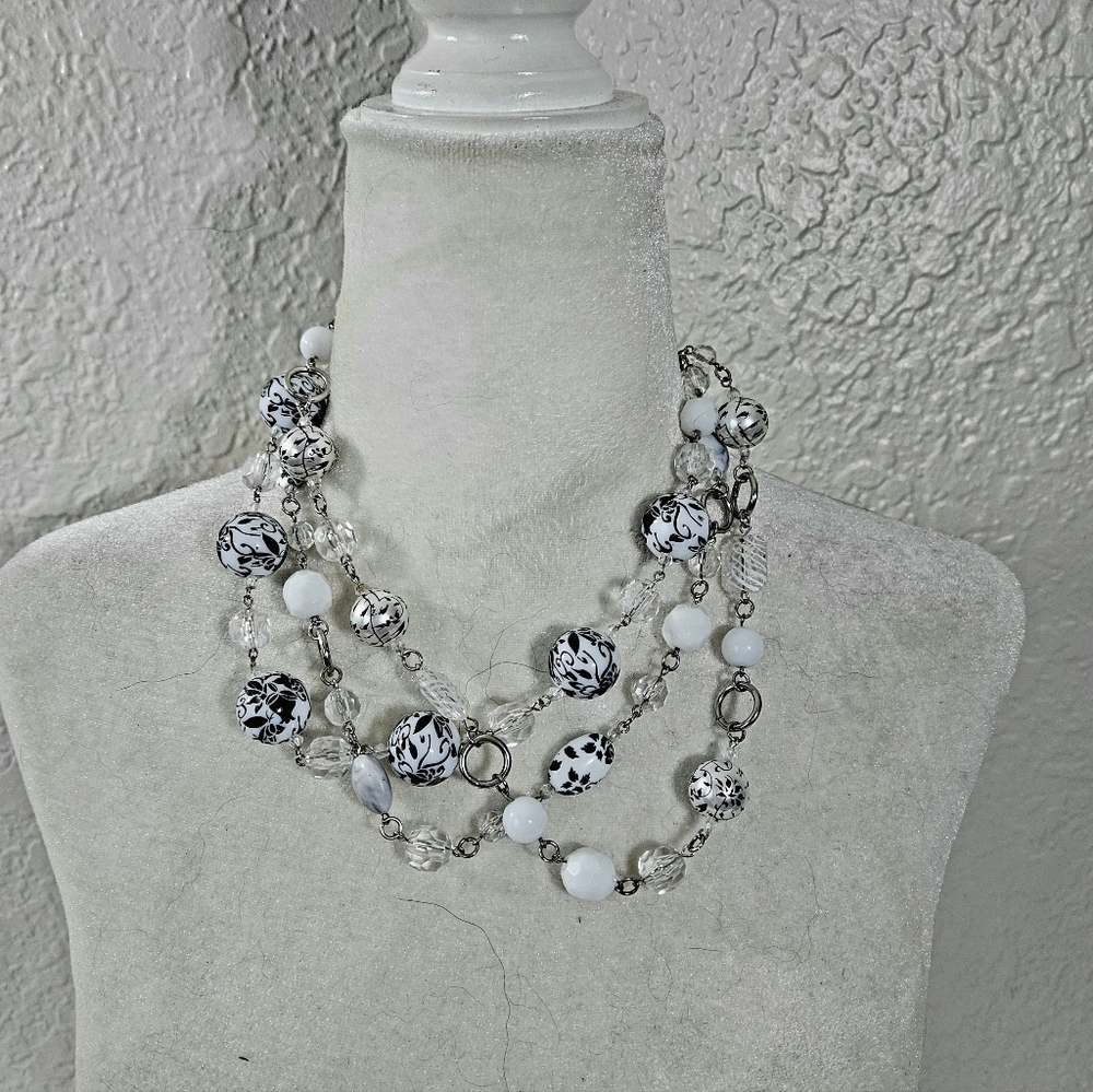 White, Silver ,Black Beaded Multi Strand Necklace